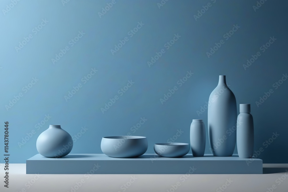there are several vases and bowls on a shelf against a blue wall there are several vases and bowls on a shelf against a blue wall
