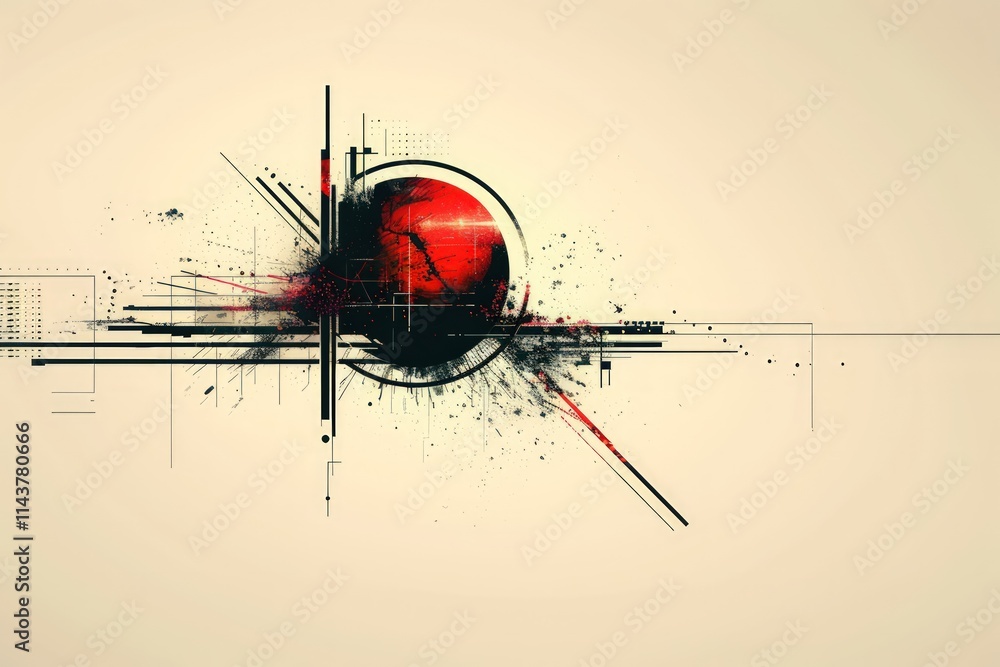 Abstract red and black design element with geometric shapes and lines on a beige background. Abstract red and black design element with geometric shapes and lines on a beige background.