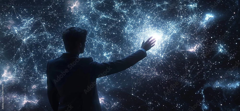 A figure reaching out to a cosmic expanse filled with stars and connections. A figure reaching out to a cosmic expanse filled with stars and connections.