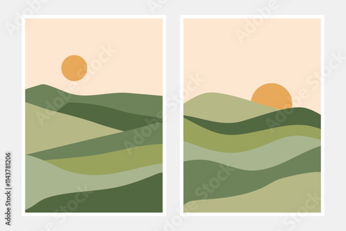Green Agriculture Fields and Hills. Nature landscape posters. Modern abstract art, eco farming concept for banners, flyers, cover, posters