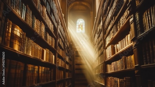 Wallpaper Mural Ancient library filled with dust and towering shelves, illuminated by sunlight filtering through a stained glass window Torontodigital.ca