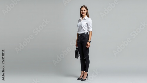Elegant woman poses confidently in front of a neutral backdrop, dressed in crisp white and sleek black attire, accessorized with a chic belt and stylish handbag