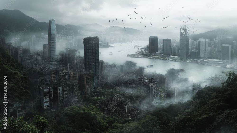 Obraz premium A haunting view of distant Hong Kong ruins surrounded by mist and overgrown vegetation reveals the city's lost grandeur and forgotten stories
