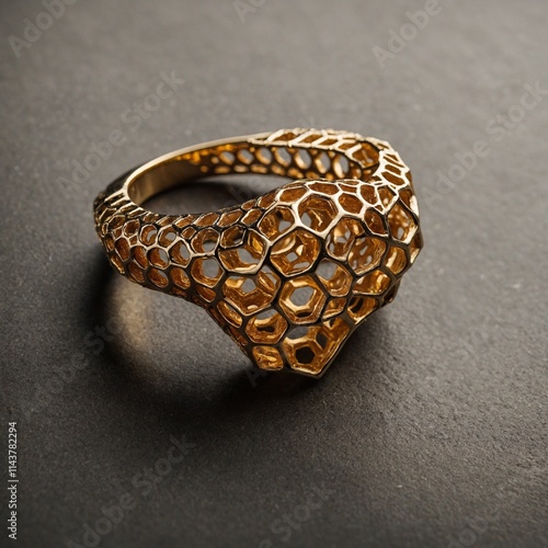 A ring shaped like a honeycomb with golden accents. photo