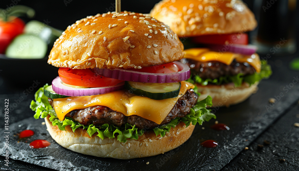 Hearty beef burger featuring cheese, tomatoes, red onions, cucumbers, and lettuce, served on black slate with a dark background, enticing unhealthy food Hearty beef burger featuring cheese, tomatoes, red onions, cucumbers, and lettuce, served on black slate with a dark background, enticing unhealthy food
