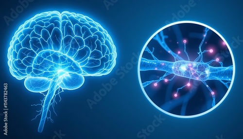 Futuristic Brain and Neural Network Concept - Human Brain Activity and Neurons in Glowing Blue