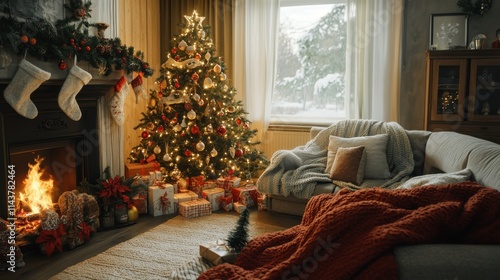 A cozy Christmas living room with a beautifully decorated tree, warm fire, and festive decorations to celebrate the holiday season