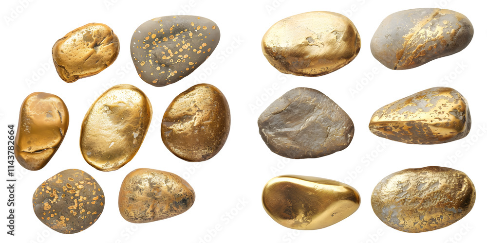 set of five golden : gilt pebbles isolated on a white background. Generative AI. set of five golden : gilt pebbles isolated on a white background. Generative AI.