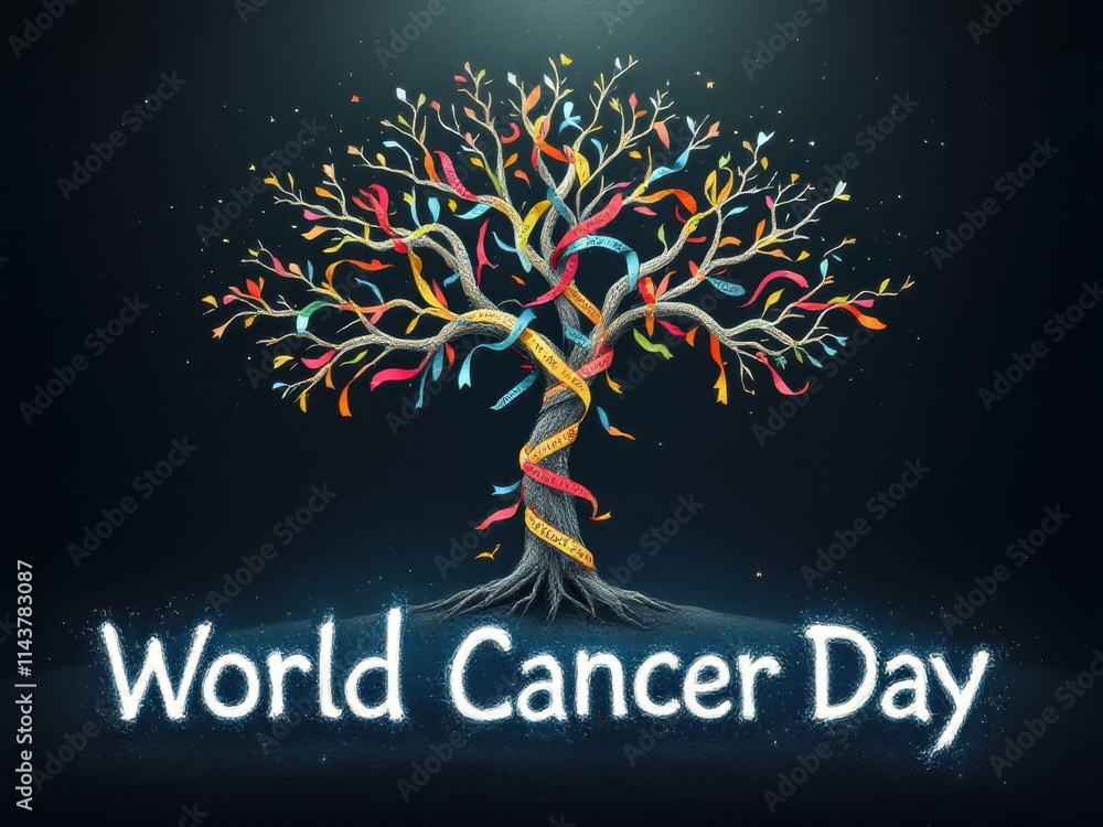 Fototapeta premium World cancer day awareness design featuring vibrant ribbon tree for campaigns and posters