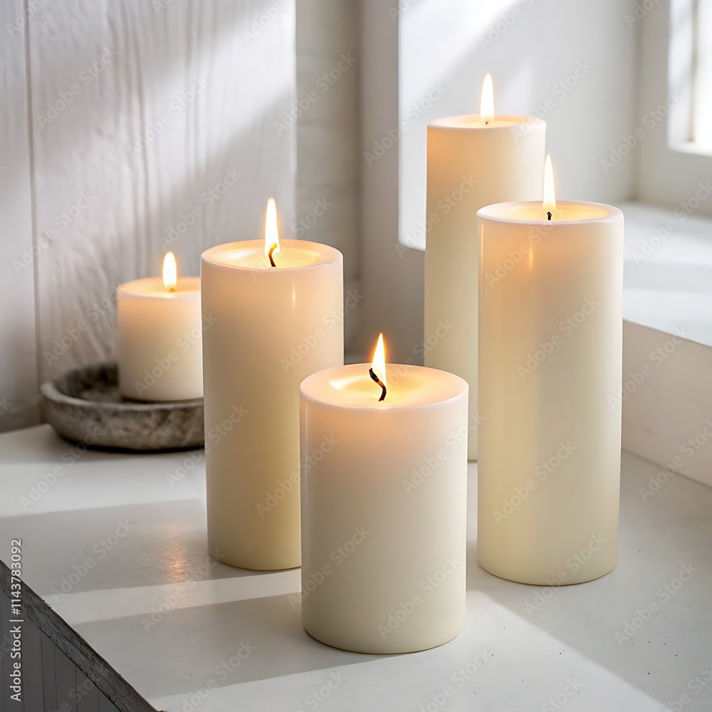 Set of pillar candles with flames illuminated Set of pillar candles with flames illuminated