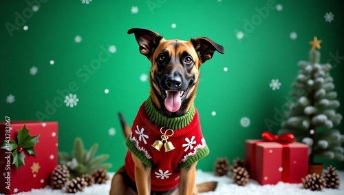 a cheerful belgian malinois dog its fur a rich brown Christmas theme background