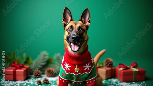 a cheerful belgian malinois dog its fur a rich brown Christmas theme background