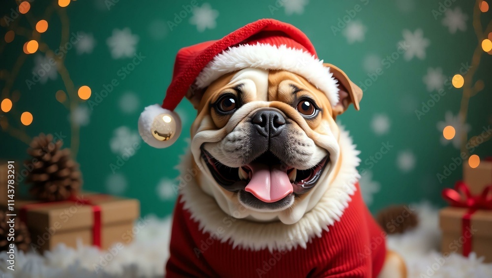 a jovial bulldog with a stout build and wrinkled skin Christmas theme background a jovial bulldog with a stout build and wrinkled skin Christmas theme background