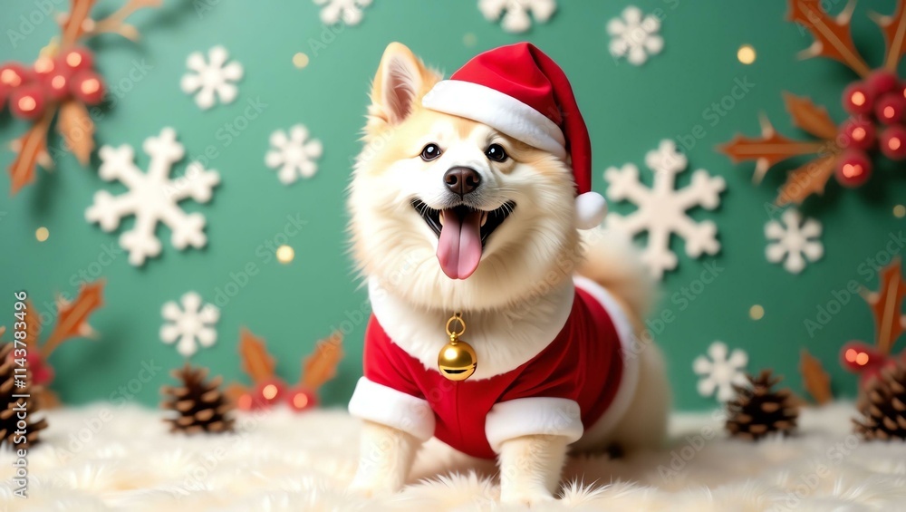 a joyful akita dog with a fluffy white and creamcolor Christmas theme background a joyful akita dog with a fluffy white and creamcolor Christmas theme background