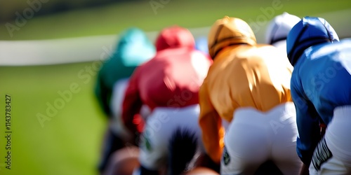A group of jockeys in colorful silks riding horses, seen from behind, with a blurred background of a racetrack. Concept Jockeys in Colorful Silks, Horse Racing Action, Dynamic Sports Photography