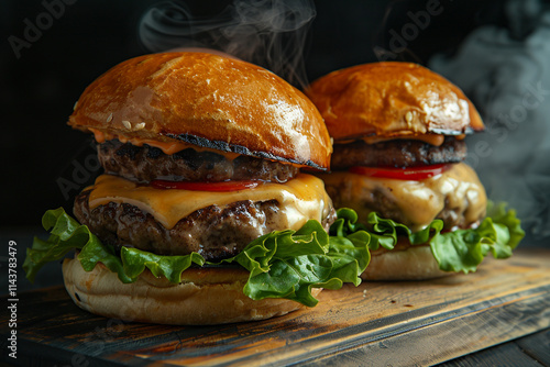 Two homemade burgers with juicy patties, fresh lettuce, and melted cheese on toasted buns, set against a dramatic black smokey background, highlighting every detail