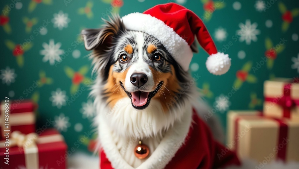 a joyful australian shepherd dog with a fluffy coat o Christmas theme background a joyful australian shepherd dog with a fluffy coat o Christmas theme background