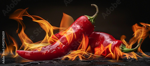 Two red chili peppers engulfed in vibrant, swirling flames on a black background, showcasing intense heat and contrast