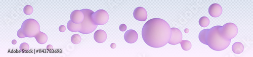 Abstract floating spherical blobs in soft pink and purple gradient. Smooth rounded holographic shapes flow on transparent background. Realistic 3d vector set of fluid decorative metaball elements.