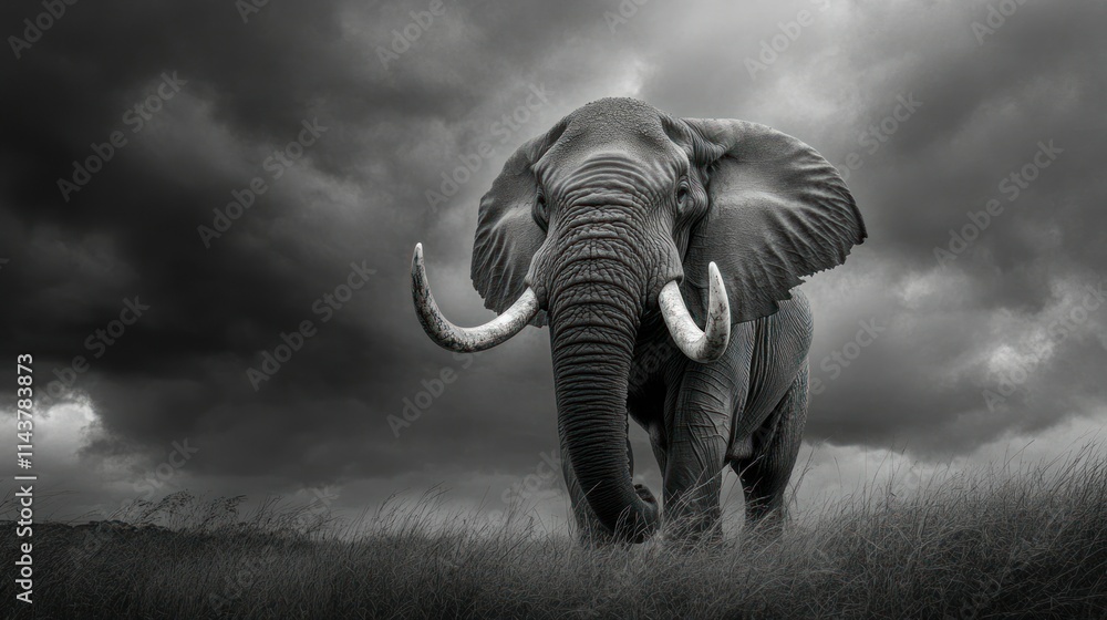 Fototapeta premium At Hluhluwe Imfolozi, a powerful adult bull elephant flaps its ears in the midst of the open grasslands. Its massive tusks catch the light as it moves gracefully through the wild terrain.