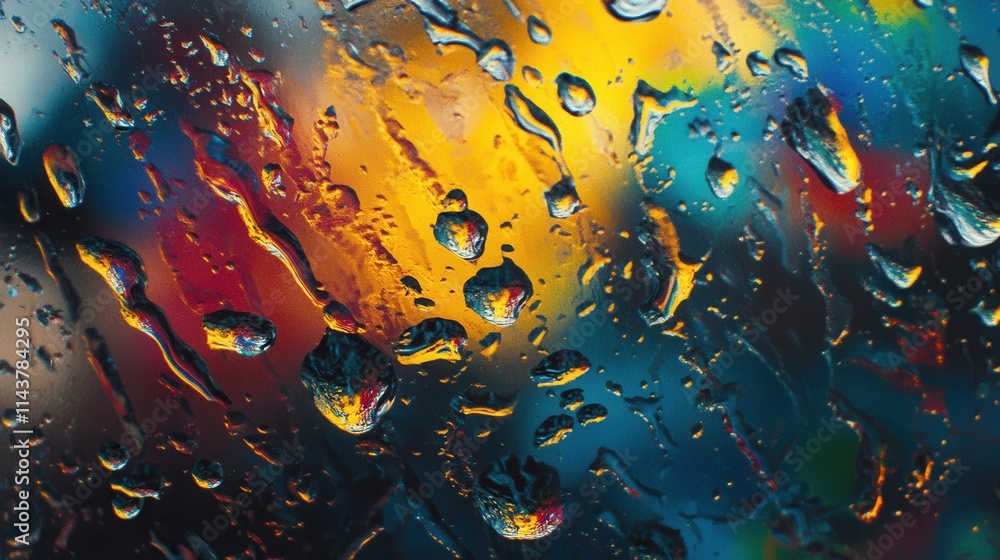 Colorful Water Droplets on a Foggy Glass Surface in Vibrant Light Colorful Water Droplets on a Foggy Glass Surface in Vibrant Light