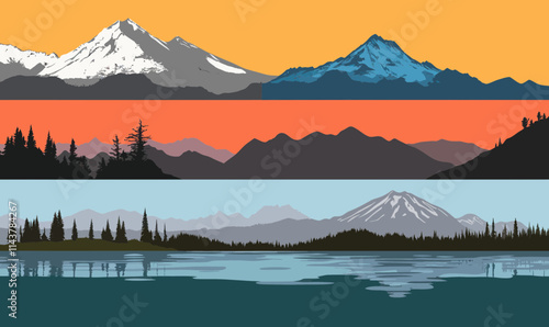 Minimalist Vector of Iconic US National Parks: Rainier, Denali, Crater Lake, Yellowstone, Hawaii