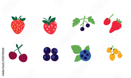 Flat Minimalist Berry Icons: Strawberry, Blueberry, Cherry, Raspberry, Sea Buckthorn Vector