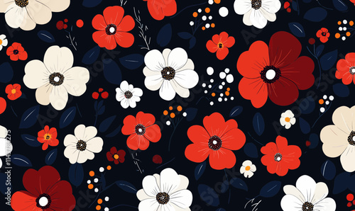 Vibrant Floral Pattern with Bold Red and White Flowers for Trendy Design Projects