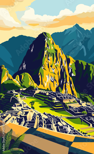 Retro Machu Picchu Travel Poster, Vintage Style Vector Art of Peru Mountain Landscape