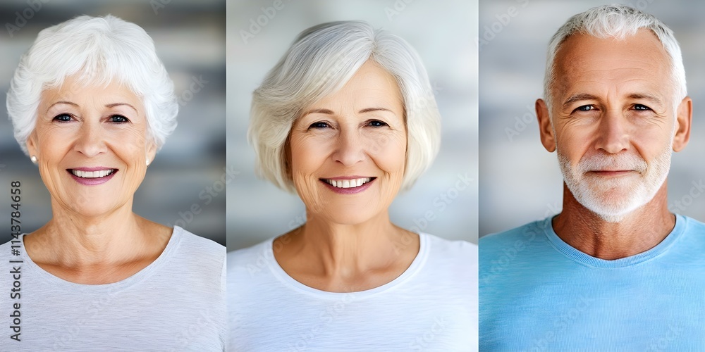 Fototapeta premium Three older adults with gray or white hair smiling warmly, showcasing a range of expressions in a soft-focus background. Concept Older Adults, Warm Smiles, Diverse Expressions