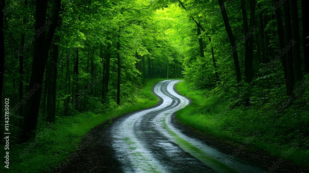 Fototapeta premium A winding road through a dense forest opening up to a beautiful view symbolizing unexplored opportunities