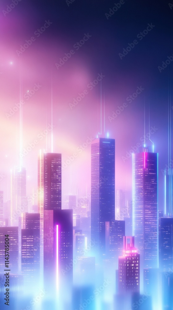 Futuristic Cityscape with Neon Lights and Soft Glow at Dusk, Capturing the Essence of a Vibrant Urban Environment Futuristic Cityscape with Neon Lights and Soft Glow at Dusk, Capturing the Essence of a Vibrant Urban Environment