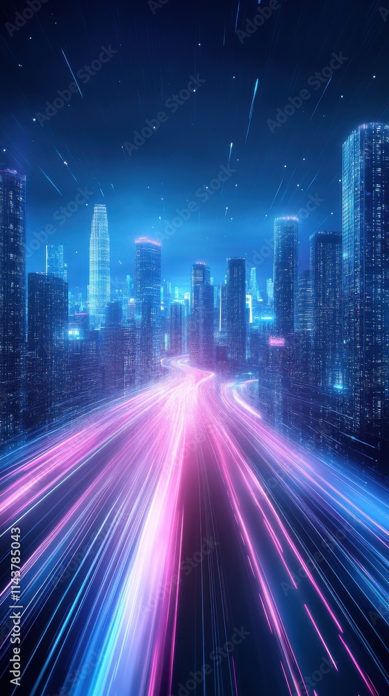 Dynamic Cityscape at Night with Colorful Light Trails Captured in a Futuristic Urban Environment, Showcasing Modern Architecture and Vibrant Atmosphere Dynamic Cityscape at Night with Colorful Light Trails Captured in a Futuristic Urban Environment, Showcasing Modern Architecture and Vibrant Atmosphere