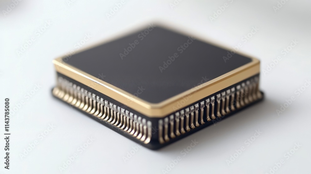 Close-up of a black square microchip with gold edges and pins on a white background. Close-up of a black square microchip with gold edges and pins on a white background.