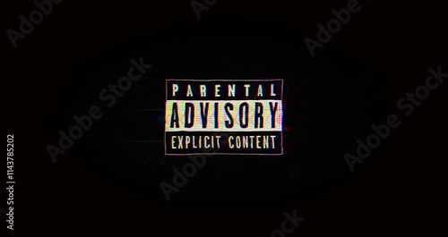 Parental Advisory warning symbol looping animation glitch effect. 4K quality