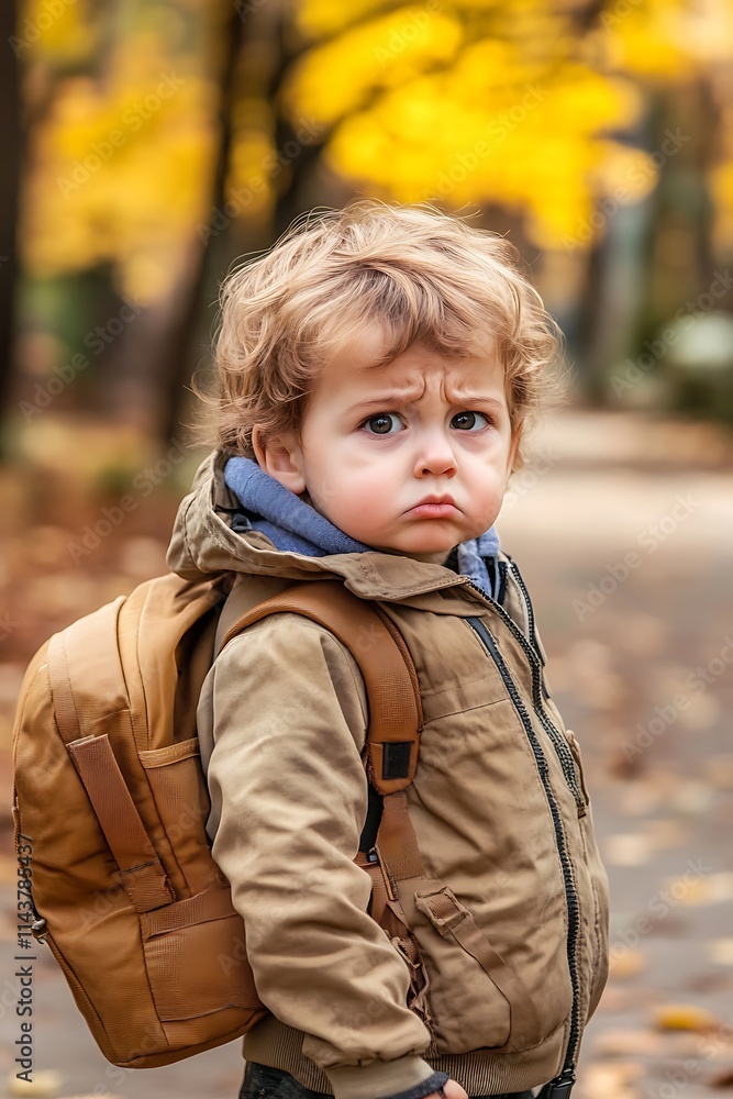 A toddler with a backpack in an autumn park looks upset. A toddler with a backpack in an autumn park looks upset.