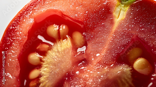 Super close-up shot of the interior of a ripe tomato, highlighting its detailed seeds, flesh, and natural texture with moisture.  .