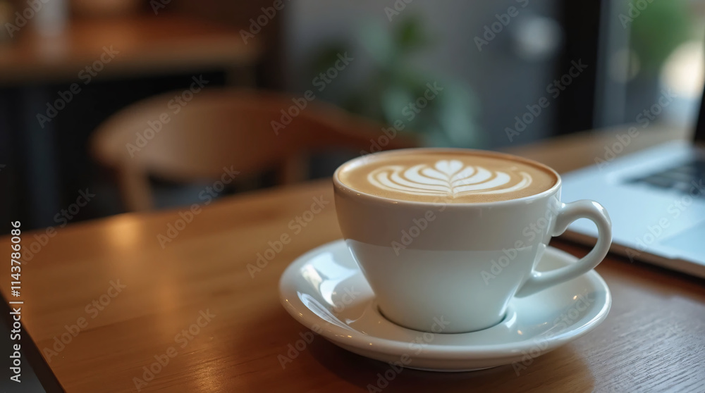 Workspace, coffee, and flower-shaped design on coffee Workspace, coffee, and flower-shaped design on coffee