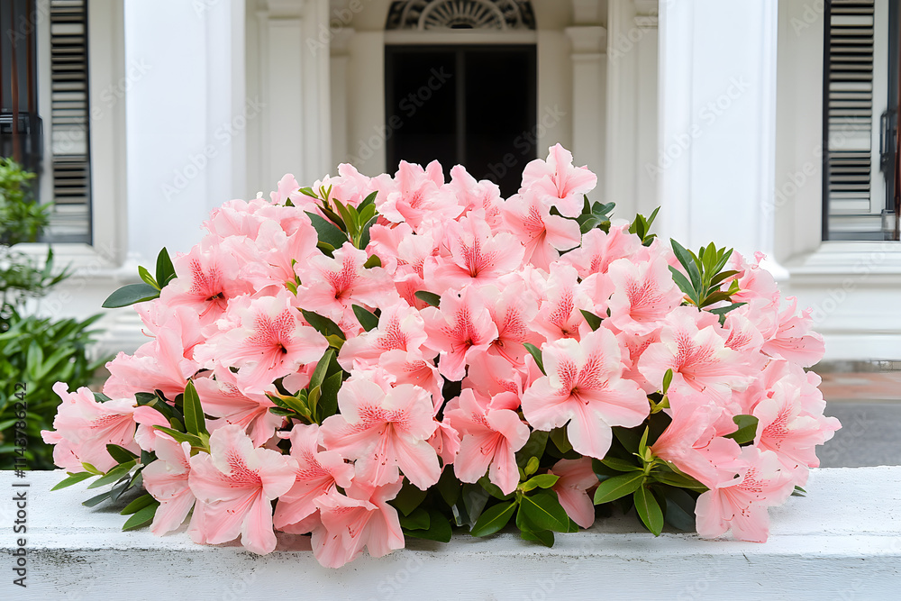 A lush cluster of pink azalea flowers blooming vibrantly against a classic white building facade, creating a fresh and elegant scene. . A lush cluster of pink azalea flowers blooming vibrantly against a classic white building facade, creating a fresh and elegant scene. .