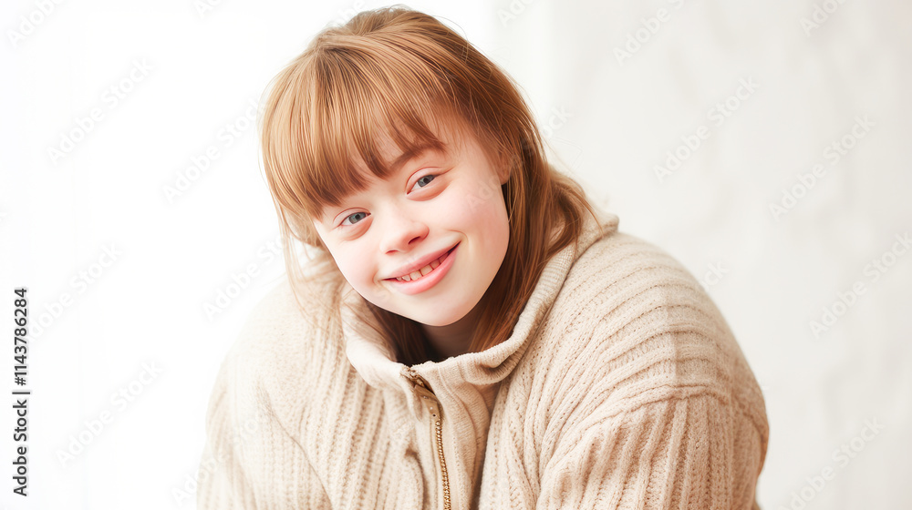 Portrait of smiling laughing teenage girl with Down syndrome white background. Portrait of smiling laughing teenage girl with Down syndrome white background.