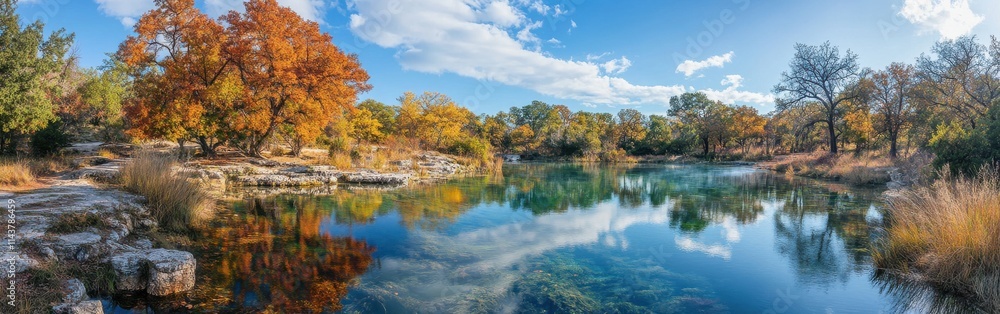 Experience the stunning autumn foliage and tranquil waters of Chickasaw National Recreation Area at midday Experience the stunning autumn foliage and tranquil waters of Chickasaw National Recreation Area at midday