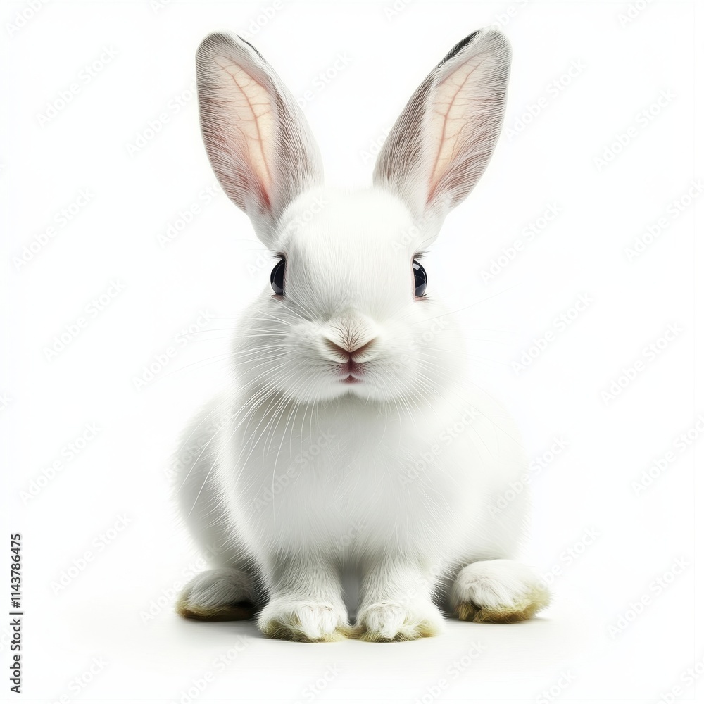 Cute white rabbit sitting and looking at camera
