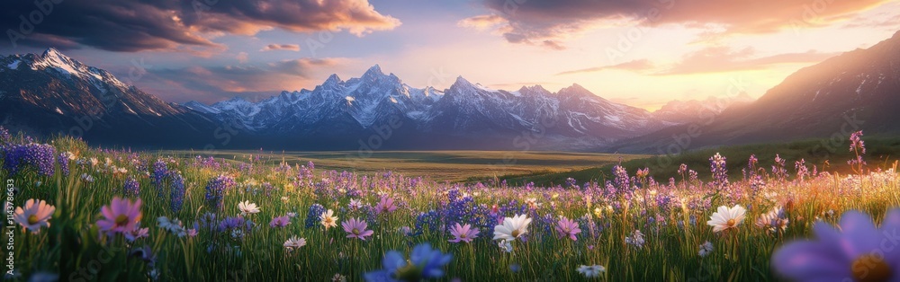 Fototapeta premium A vibrant display of wildflowers blankets Teton Valley with majestic mountains at sunset
