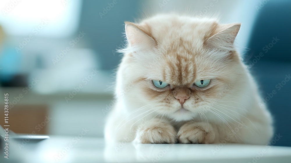 Angry fluffy cream cat sitting on a table, glaring intensely. Angry fluffy cream cat sitting on a table, glaring intensely.