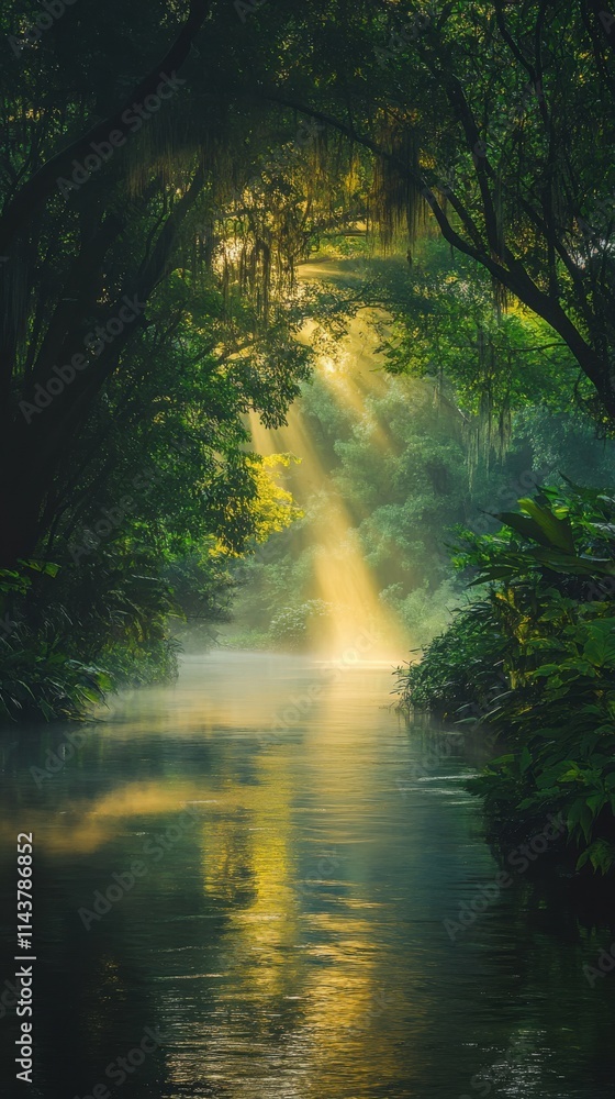 Experience the Black Warrior River at dawn, with sun rays through foliage and calm waters reflecting nature's beauty Experience the Black Warrior River at dawn, with sun rays through foliage and calm waters reflecting nature's beauty