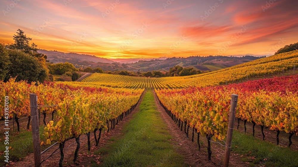 Naklejka premium A stunning sunset over the colorful vineyards of Napa Valley showcasing the beauty of autumn foliage and the charm of wine country