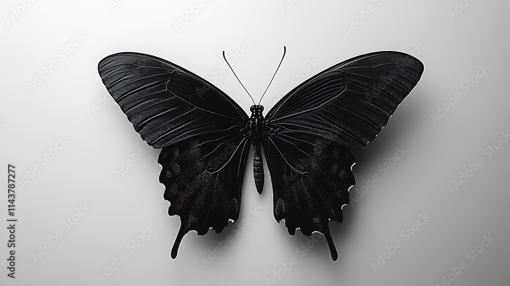 Obraz premium Black butterfly with spread wings on white background.