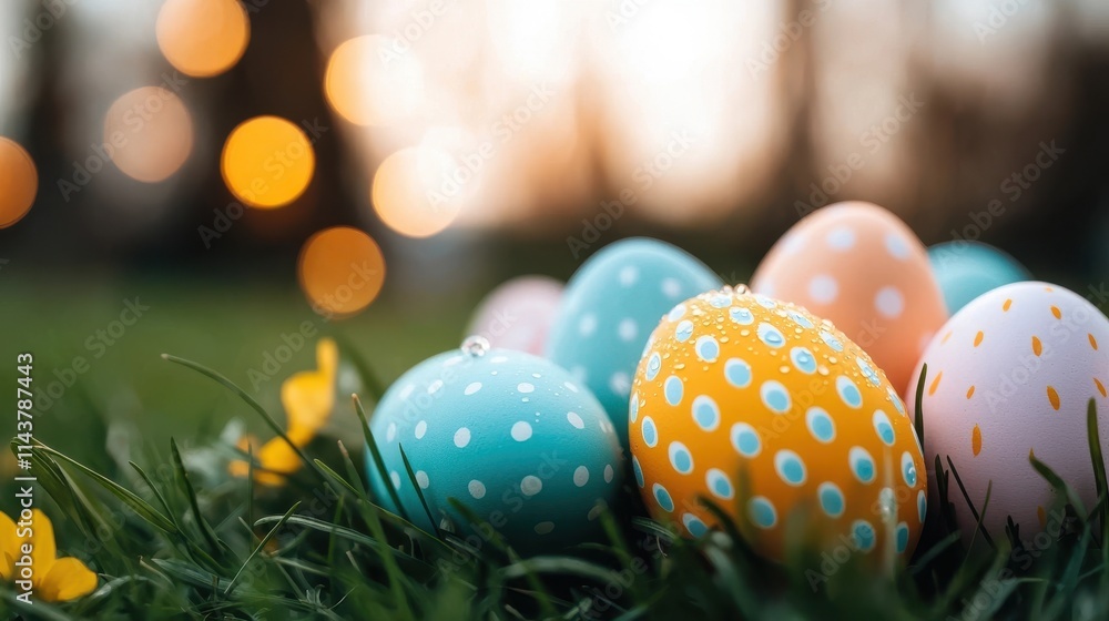 Vibrant and Whimsical Easter Eggs in Pastel Shades Nestled in Lush Green Grass with a Soft Bokeh Background Celebrating the Springtime Holiday and Religious Tradition Vibrant and Whimsical Easter Eggs in Pastel Shades Nestled in Lush Green Grass with a Soft Bokeh Background Celebrating the Springtime Holiday and Religious Tradition