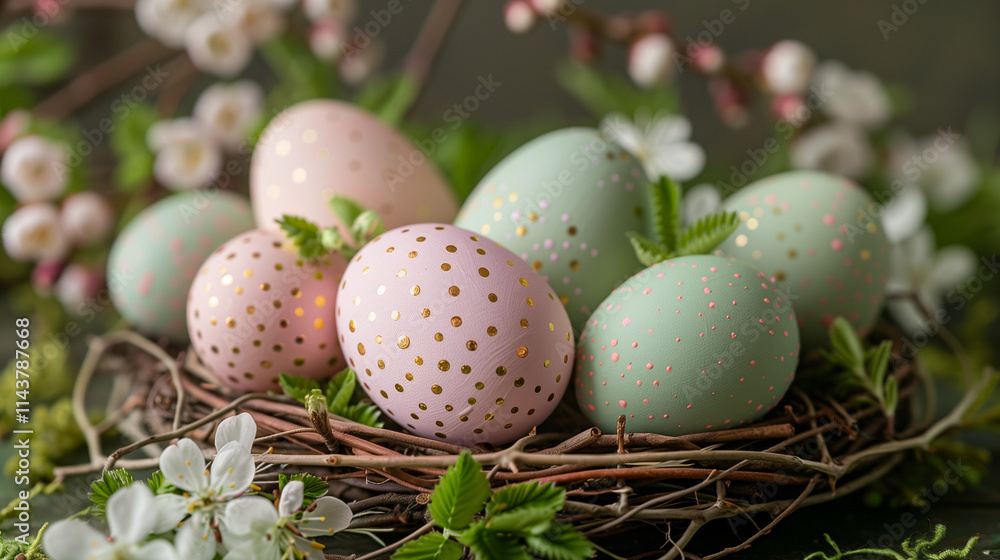 Cute hand-painted Easter eggs arranged on nest Cute hand-painted Easter eggs arranged on nest