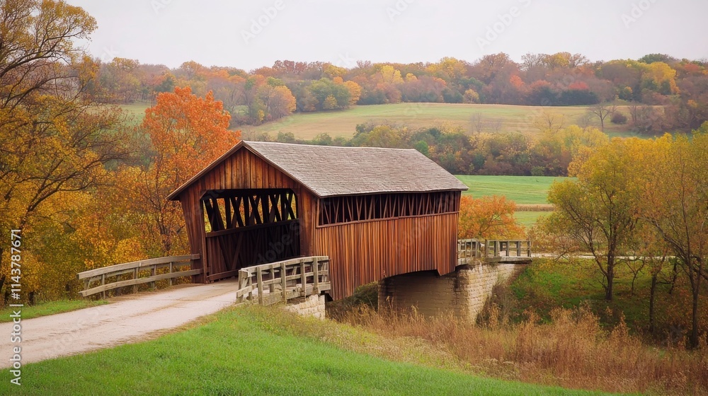 A picturesque view of a historic covered bridge surrounded by vibrant autumn foliage in a tranquil rural landscape A picturesque view of a historic covered bridge surrounded by vibrant autumn foliage in a tranquil rural landscape